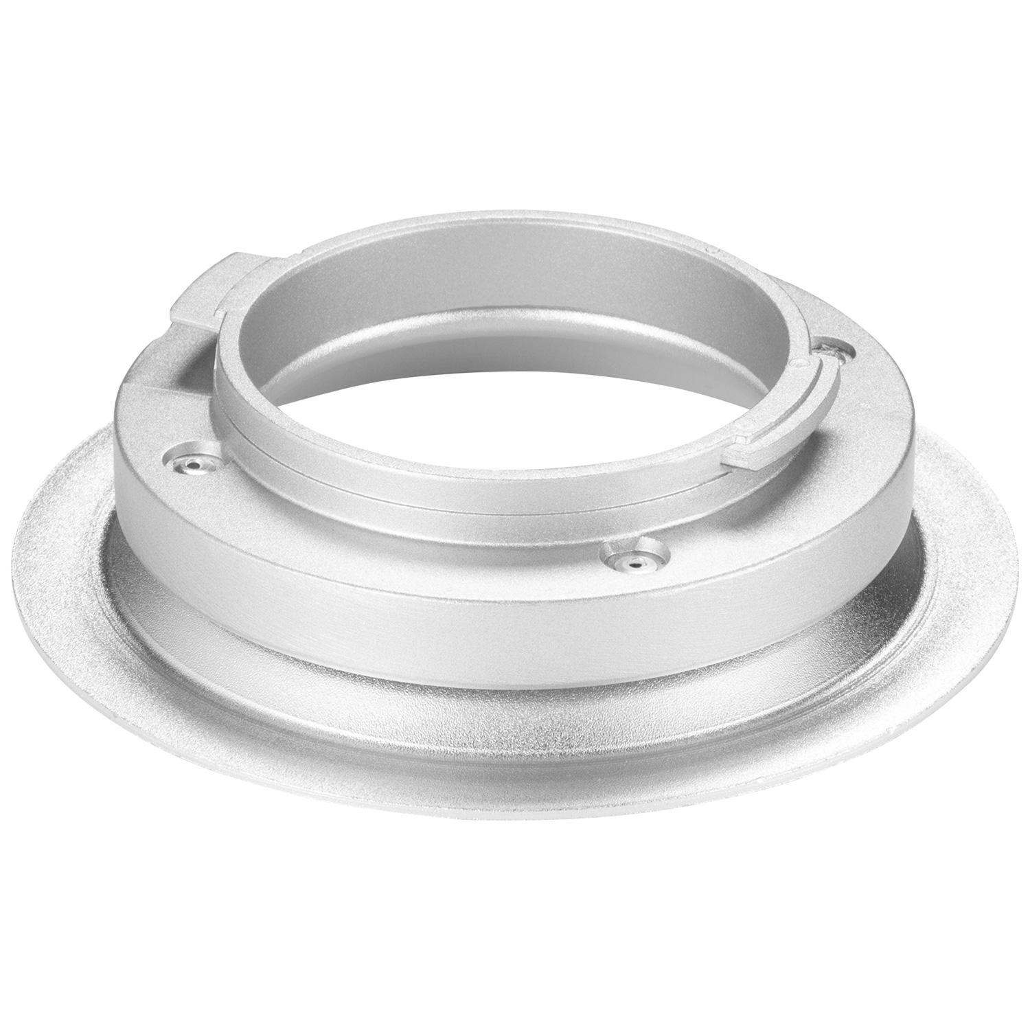 Westcott Optical Spot Light Mount Broncolor Pulso ja Siros -valaisimille, jossa on hopeanvärinen pyöreä muotoilu, jossa on reikä.