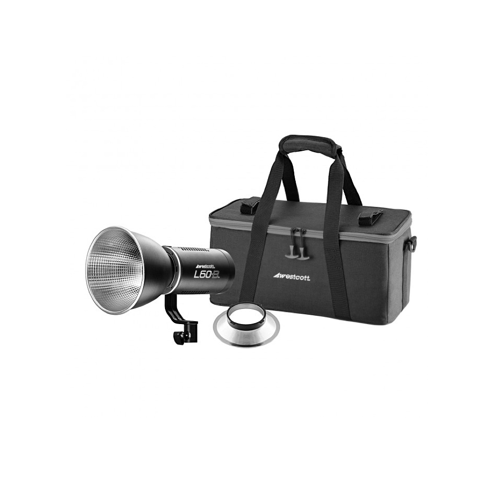 The Westcott L60-B Bi-Color COB LED (60W) is presented with a silver reflector, a separate metal bowl and a black Westcott carrying case with handles, all on a white background.