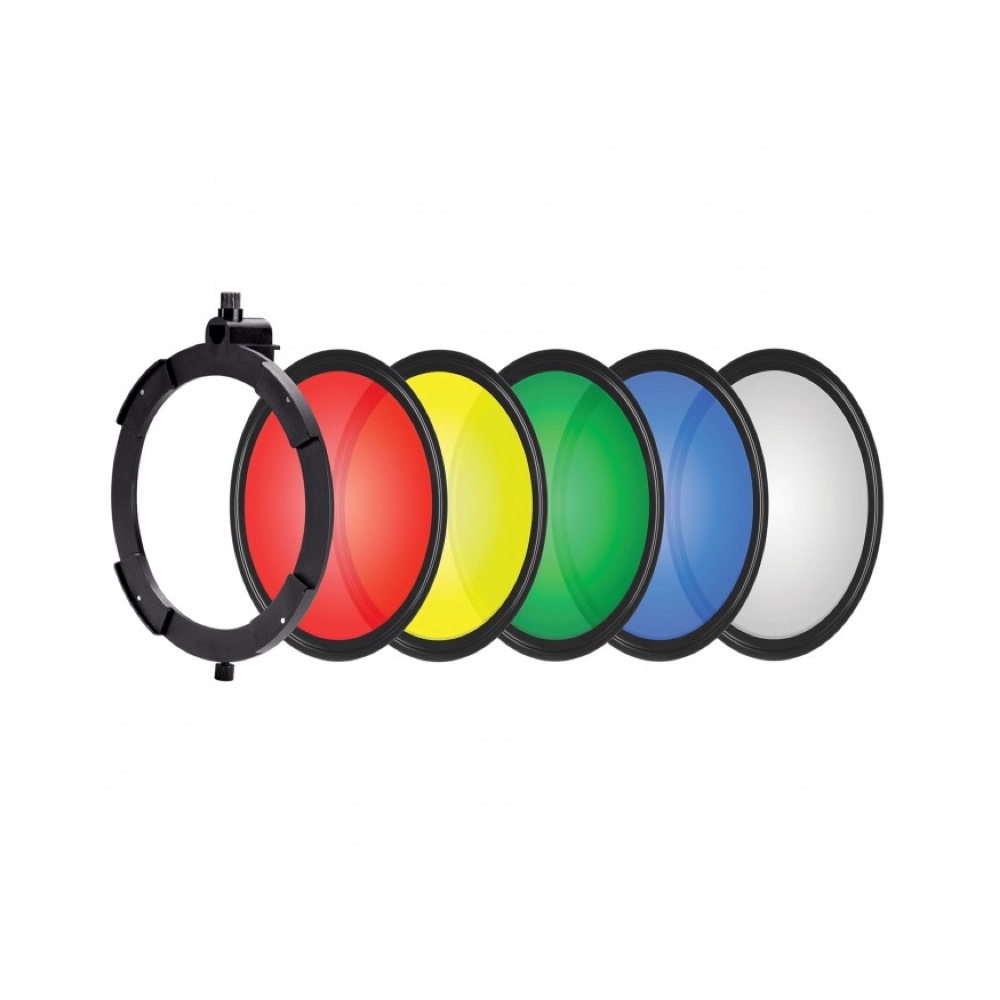 Row of Westcott L60 B gel and umbrella reflector brackets with multicoloured round lenses.