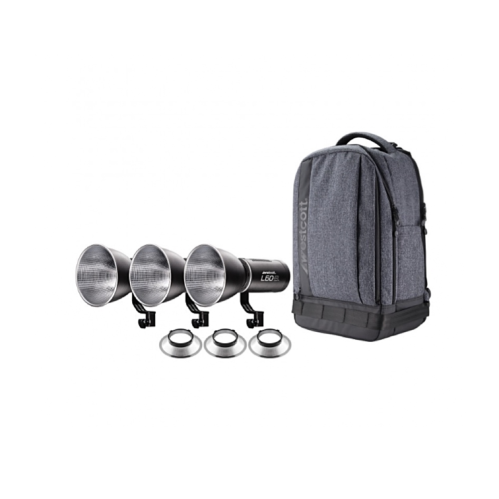 Westcott L60-B Bi-Color COB LED 3-Light Backpack Kit sisältää kolme studiovaloa, kolme heijastinta ja harmaan repun helppoa kuljetusta varten, kaikki valkoisella pohjalla.