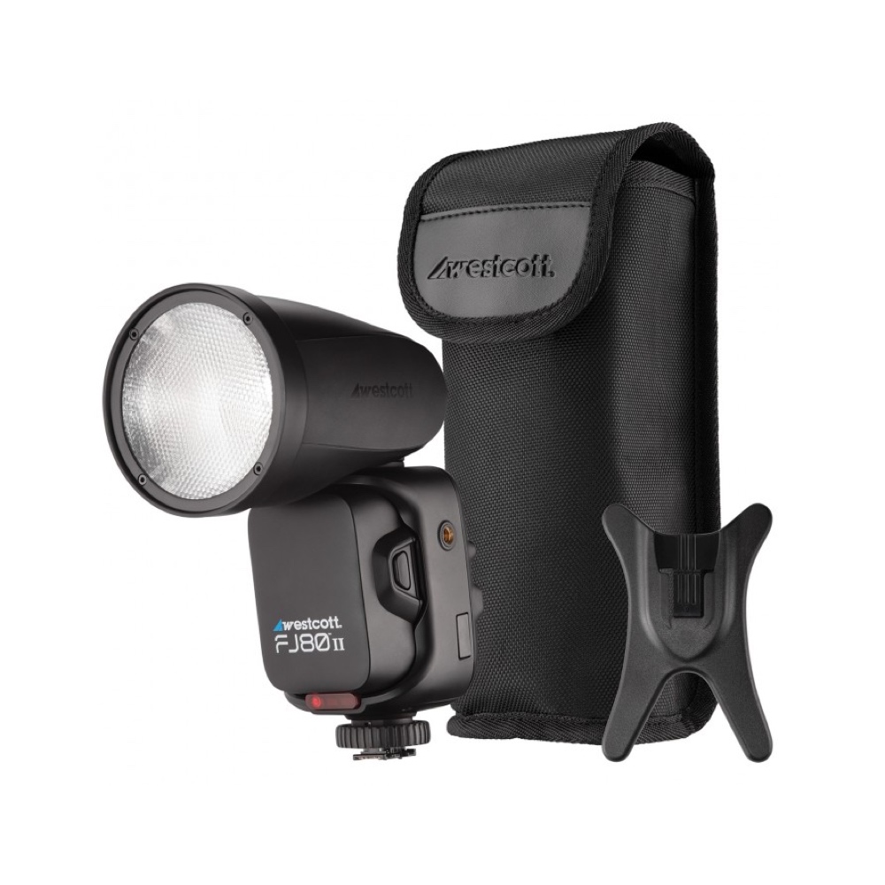 The Westcott FJ80 II S Touchscreen 80Ws Speedlight for Sony has a black carrying case and a mounting base with a white background.