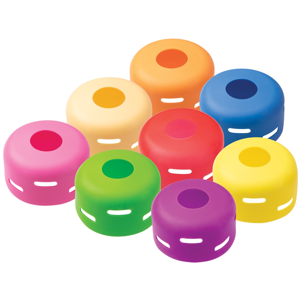 Eight colourful Westcott FlexiGels for FJ400 Strobe - round plastic gels with holes at the top and side openings - tightly arranged in orange, yellow, blue, pink, green, purple, cream and red.