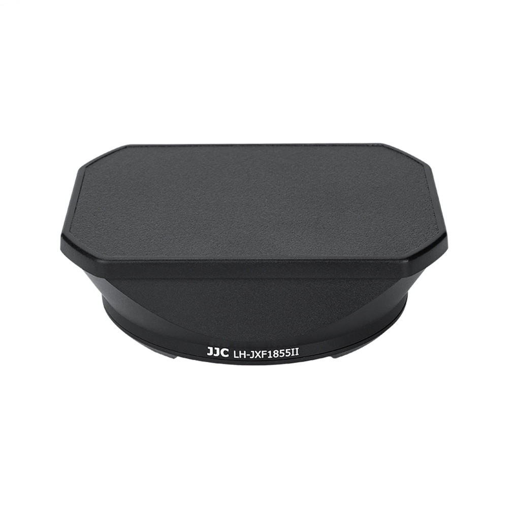 The black, octagonal JJC LH-JXF1855II Fuji 14/18-55 lens hood and cap are visible against a white background.