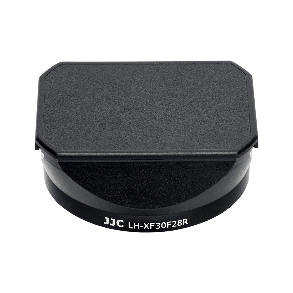 Black rectangular lens hood marked JJC Fujifilm XF 30mm f/2.8 R LM WR Macro lens hood with flat top and angled sides, designed to fit the front of the camera lens.