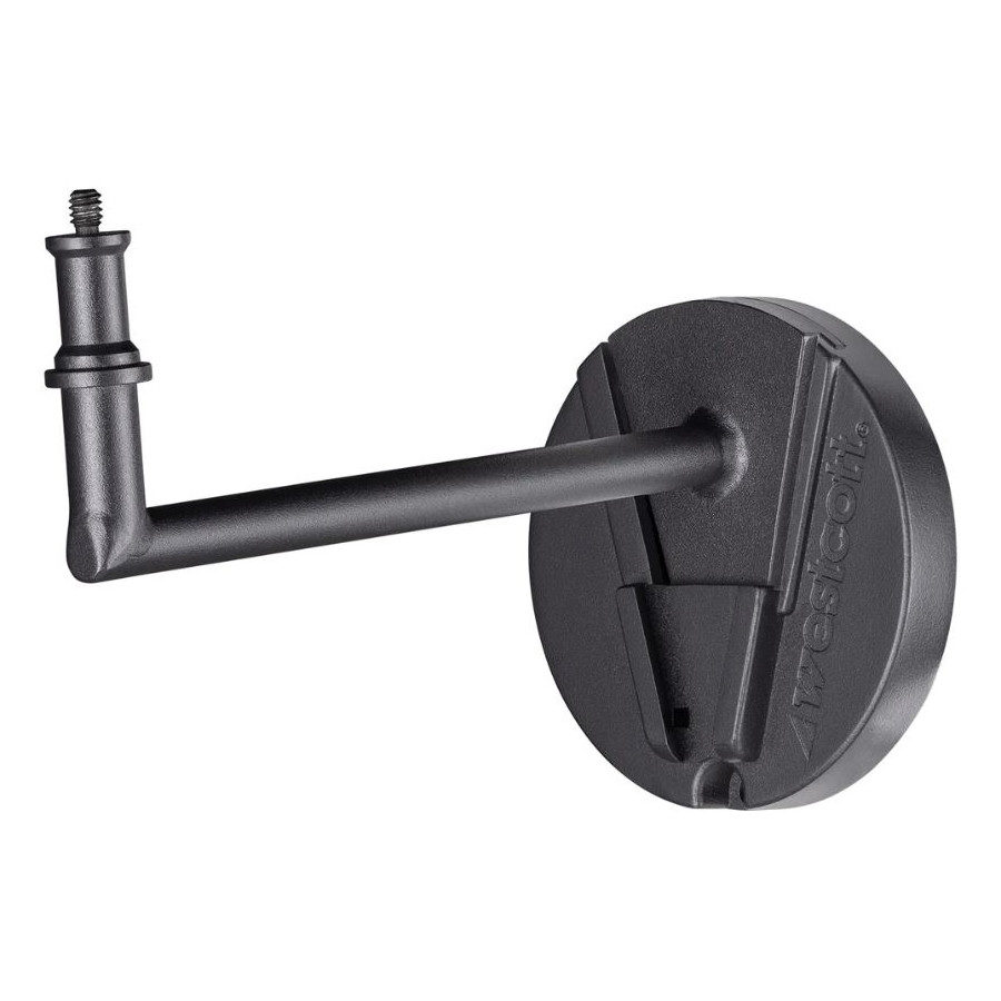 Lindsay Adlerin Westcott Float Wall Mount Arm Kit on musta, seinäkiinnitteinen kiinnike, jossa on pyöreä pohja ja kulmikas varsi, jossa on ruuvipylväs laitteiden tukemiseen tai kiinnittämiseen.