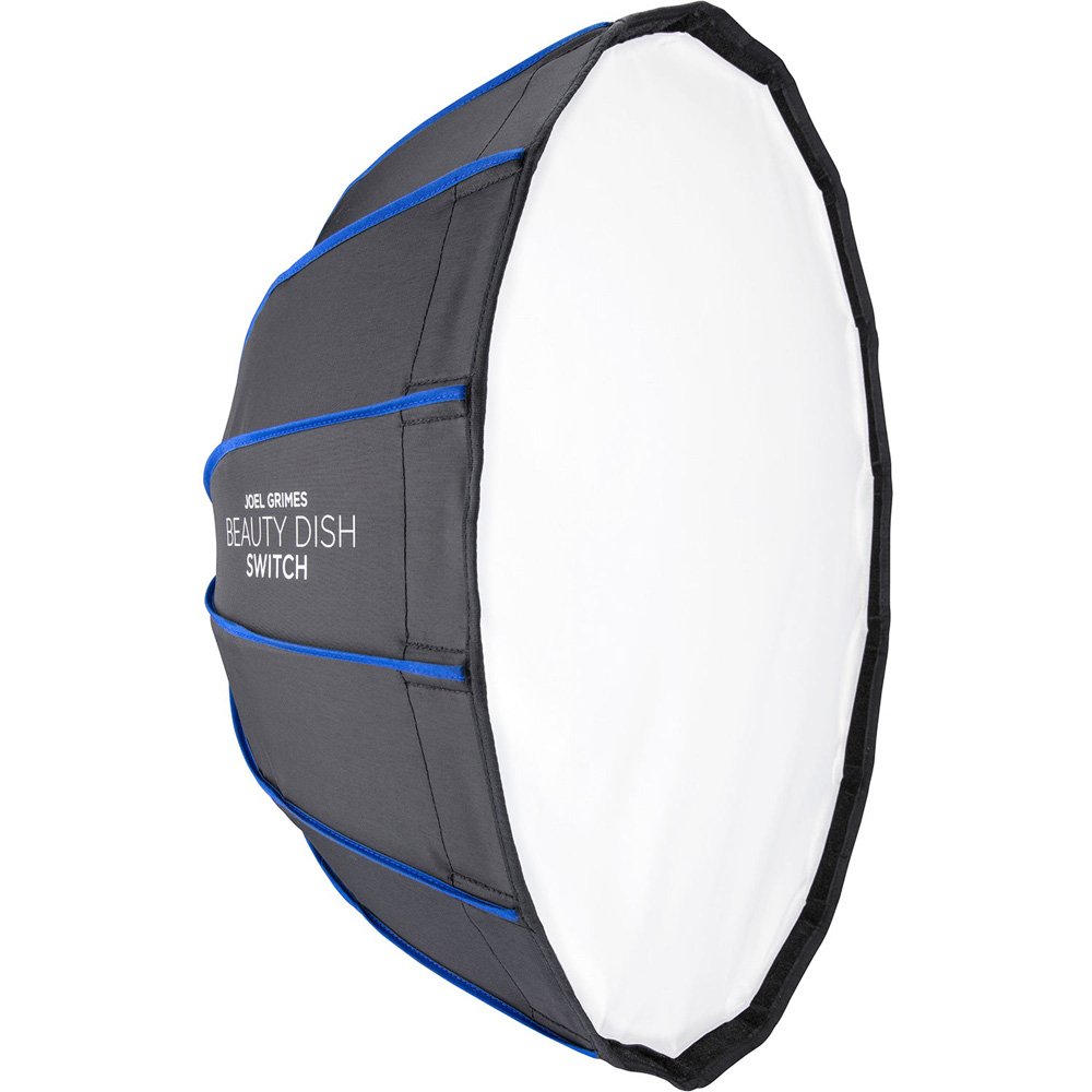 Black and blue collapsible Westcott Beauty Dish switch with silver interior and white diffusion front, designed for studio lighting.