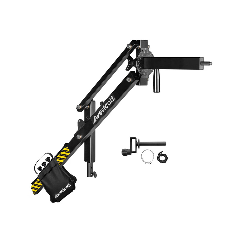 Westcott Easy Boom 36 cm extension arm in black and silver with adjustable joints, clamp, weight bag and attachments, shown in white.