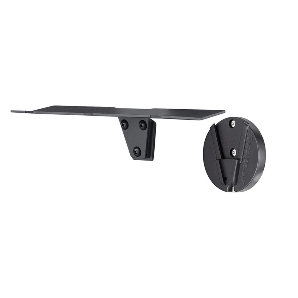 Lindsayn Westcott Float Wall Mount Light Stand Hanger Kit -valaisinripustussarjassa on musta metallihylly, jossa on tasainen alusta, V-muotoinen kiinnike ja pyöreä kiinnityslevy, jotka on suunniteltu turvalliseen seinäkiinnitykseen.