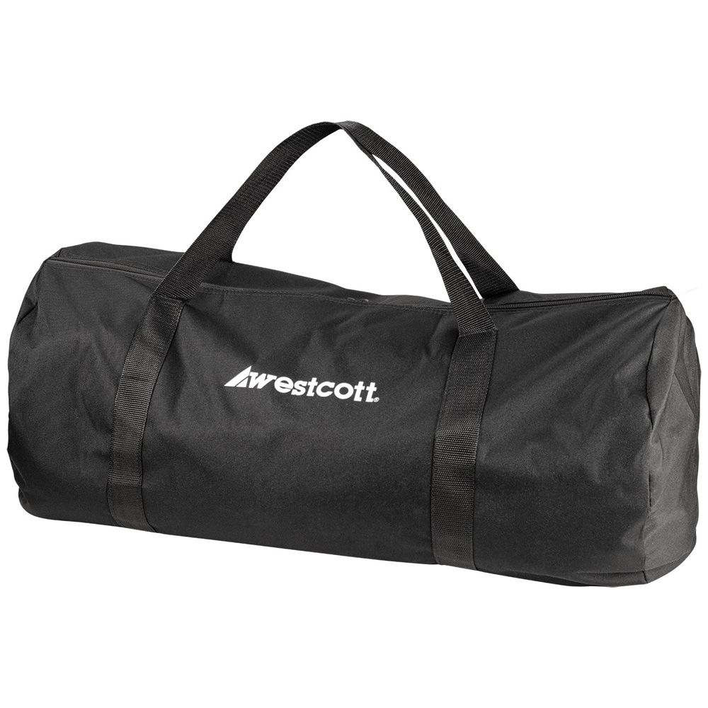 Westcott Background Storage Bag on musta pussukka, jossa on kaksi kahvaa ja Westcottin logo painettuna valkoisella sivulla.