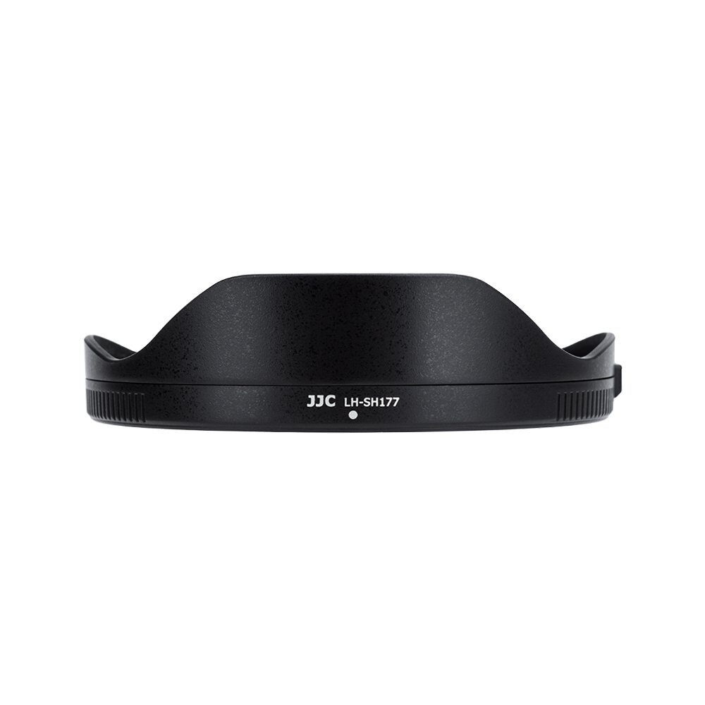 Musta JJC LH-SH177 Lens Hood -vastavalosuoja, kuvattuna edestä valkoisella pohjalla, korostaa sen terälehden muotoilua ja sivuun painettua mallinimeä.