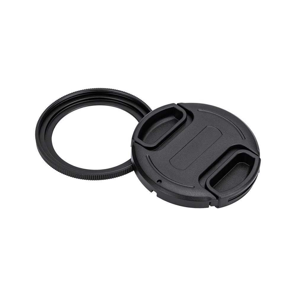 JJC RN-SR26 Filter Adapter & Lens Cap Kit, jossa on musta suojus, jossa on kaksi puristuskahvaa ja erillinen suodatinrengas, näkyy valkoisella pohjalla.