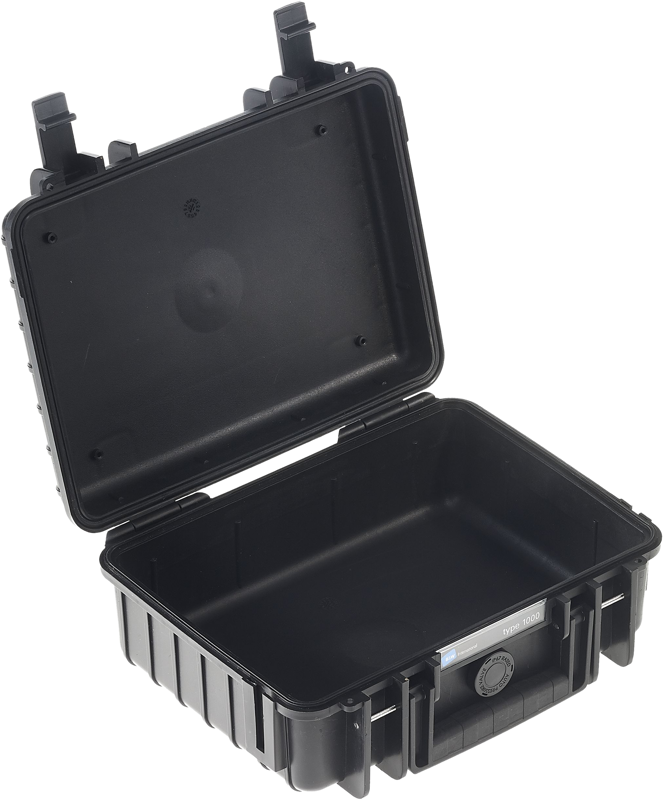 B&W Type 1000 hard camera bag (empty), black: a hard-shell black camera bag, presented open with empty interior, sturdy latches and front handle.
