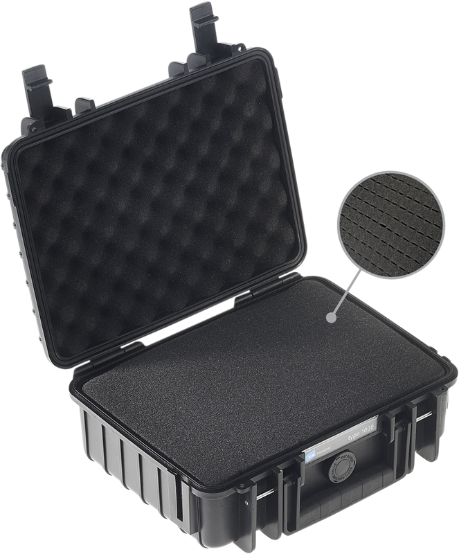 The B&W Type 1000 hard camera case (pre-cut foam), black is a black hard shell case with an open lid lined with eggshell foam, flat pre-cut foam on the bottom and a circle accenting the textured foam surface.