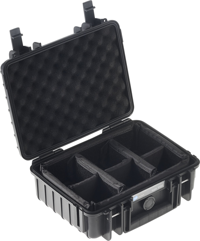 The B&W Type 1000 hard camera case (room dividing system), black is a hard black case with an open lid, foam padding inside and four adjustable padded compartments for secure organization and storage.