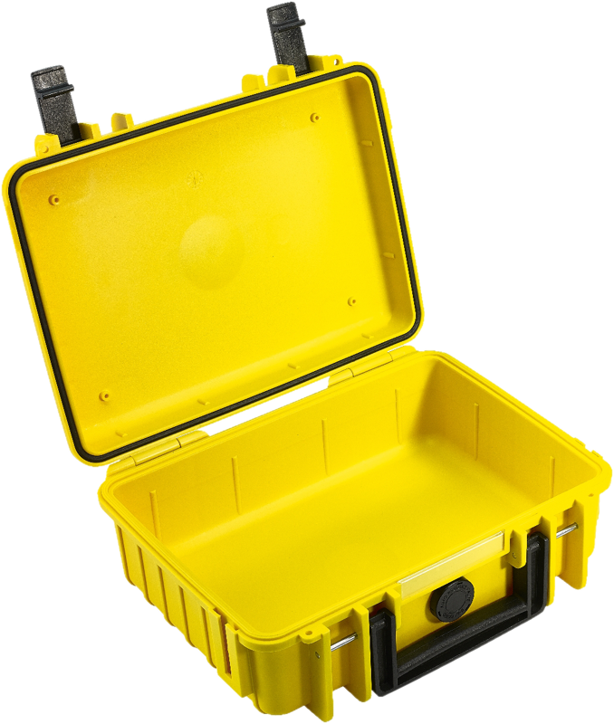 B&W Type 1000 hard camera case (empty), yellow is a bright yellow hard plastic protective case with black latches, handle, reinforced corners, open lid and empty interior.