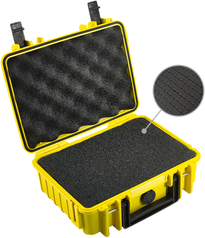 The B&W Type 1000 hard camera bag (pre-cut foam), yellow, is shown opened to reveal the custom pre-cut foam on the lid and bottom. The inside photo shows a close-up of the detailed surface texture of the foam.