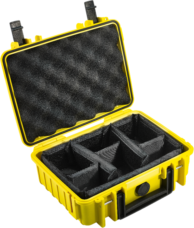 The B&W Type 1000 hard camera bag (room dividing system), yellow, is a yellow hard shell camera bag with black foam padding and adjustable compartments, pictured with lid open, lid lifted and empty interior.