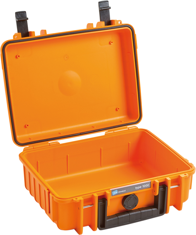 B&W Type 1000 hard camera case (empty), orange, is an open, hard shell orange case with handle and black latches. It has an empty interior, making it ideal for the safe storage or transport of delicate items.