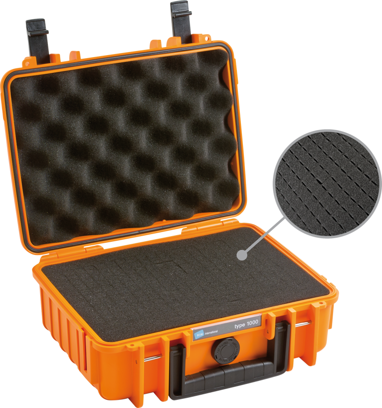The B&W Type 1000 hard camera case (pre-cut foam), orange, is an open, bright orange hard case with black foam padding inside - the lid is eggshell foam and the bottom is pre-cut grid foam; the inside is accented with foam texture.
