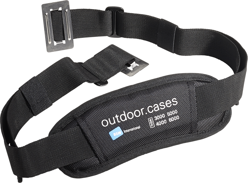 The B&W sleeve strap is a black, adjustable strap with a padded outdoor.cases section and size markings 3000, 4000 and 5000, designed for carrying equipment cases.