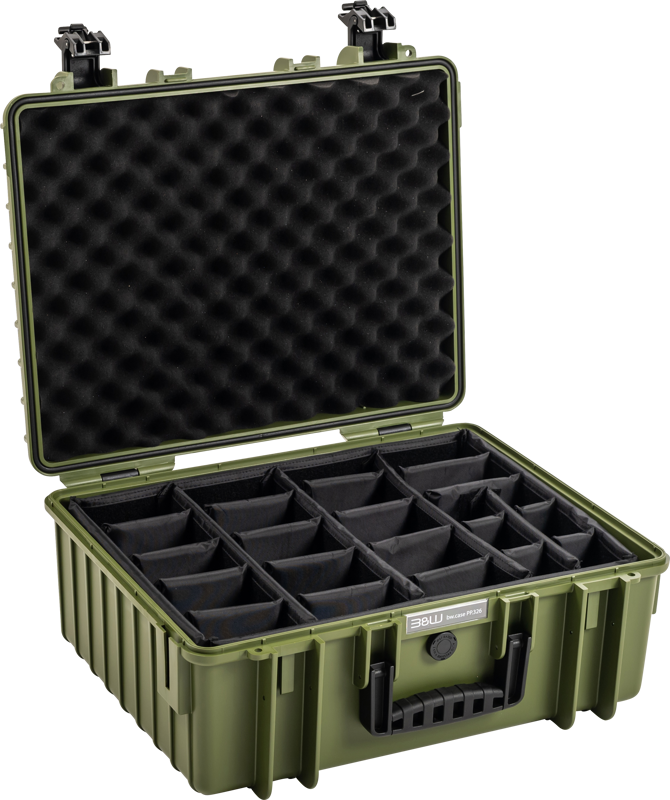 BW Outdoor Cases Type 6000 / Bronze green (divider system) on avoin, kovamuovinen säilytyslaukku, jossa on musta vaahtomuovinen kannen pehmuste ja useita säädettäviä lokeroita varusteiden suojaamiseen ja järjestämiseen.