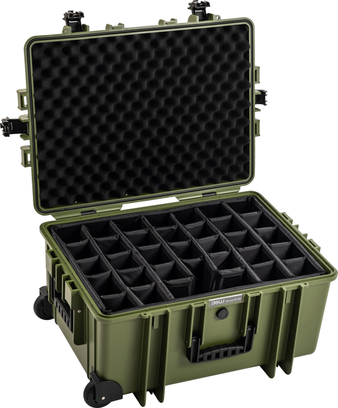 BW Outdoor Cases Type 6800 / Bronze green (divider system) on avoin, kovakuorinen laukku, jossa on musta vaahtomuovi kannessa, säädettävät väliseinät päälokerossa, pyörät ja sivukahvat.