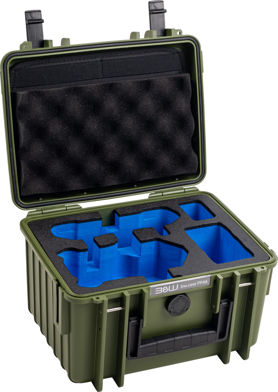BW Outdoor Cases Type 2000 for DJI Mini 4 Pro -laitteeseen pronssinvihreässä pronssinvihreässä BW Outdoor Cases Type 2000 for DJI Mini 4 Pro -laitteessa on mustat salvat, räätälöidyt siniset vaahtomuovilokerot ja musta pehmustettu kannen vuori arkojen laitteiden turvallista säilytystä ja kuljetusta varten.