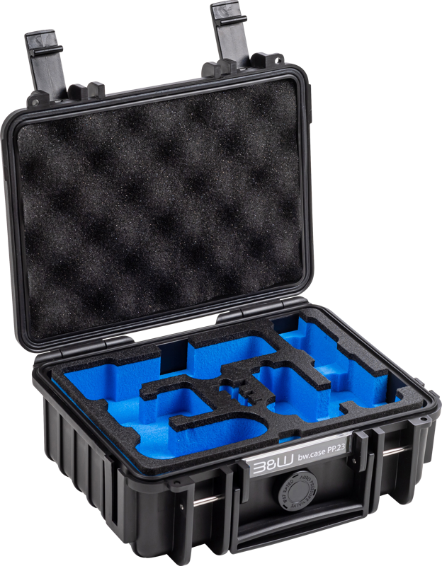 Mustassa BW Outdoor Case Type 500 for DJI Osmo Pocket 3 Creator Combo -laukussa on kova kuori, avoin kansi, räätälöity sininen vaahtomuovinen sisustus turvallista laitteiden säilytystä varten ja kuvioitu vaahtomuovinen kansi lisäsuojaa varten.