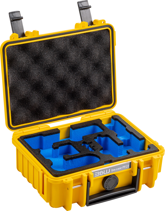 Keltaisessa BW Outdoor Case Type 500 for DJI Osmo Pocket 3 Creator Combo -kotelossa on kestävä kova kuori, musta munakennovaahto kannessa ja siniset mukautetut vaahtomuovit, jotka takaavat laitteiden turvallisen säilytyksen ja kuljetuksen.