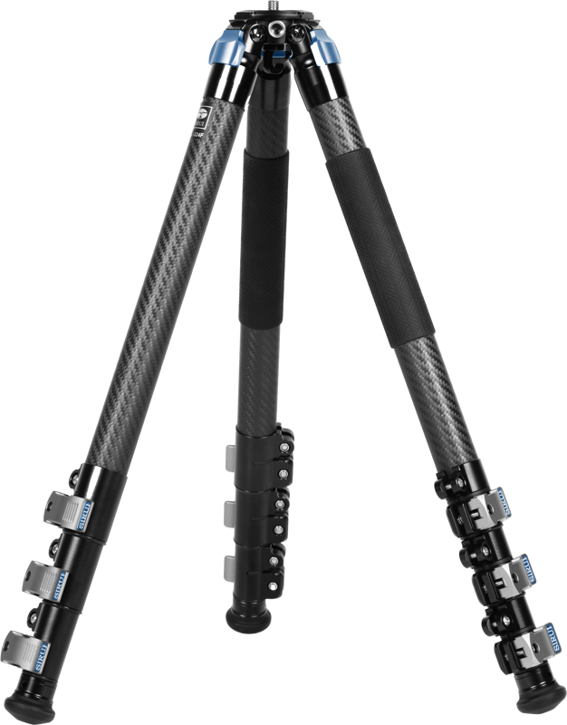 The Sirui Carbon Tripod L-324F features black carbon fibre construction, three adjustable legs with blue metal hinges, foam handles on two legs and reversible locks for height adjustment.