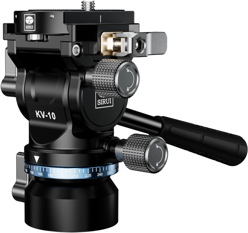 Lähikuvassa Sirui KV-10 Pan & Tilt Head with Leveling Base -kuvauspäästä näkyy sen musta muotoilu, säätönupit, kahva ja sininen asteikko tarkkaa kameran liikettä varten.