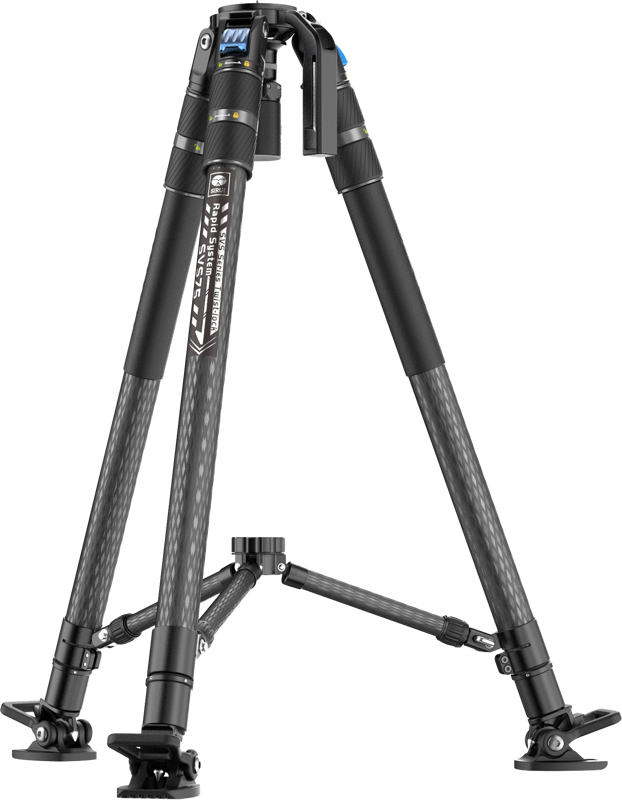 Sirui SVS75 Pro Video Tripod Rapid, jossa on kolme säädettävää jalkaa, kumijalat ja liitostuki, on kuvassa mustaa hiilikuitua vaaleanharmaalla pohjalla.