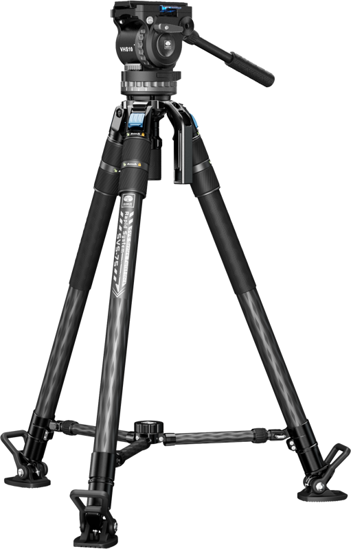 Sirui SVS75 + VHS10 Pro Video Tripod Rapid Kit on musta ammattikäyttöön tarkoitettu jalusta, jossa on säädettävät jalat, nestepää ja kahva, ja jossa on turvalliset lukot ja tukevat jalat kameran tai videokameran vakautta varten.