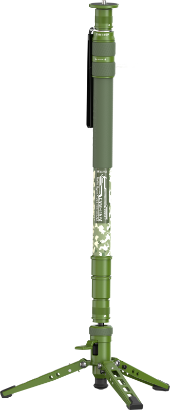 The Sirui Monopod Pedal Version Camouflage CVM-145P is a green, military-style monopod with a camouflage pattern and three folding legs designed for stable support of your camera or equipment.