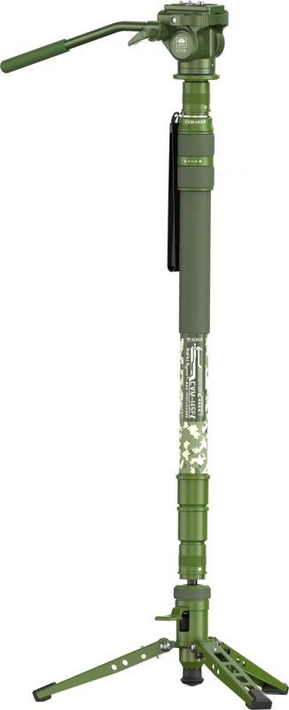Sirui Monopod Video Set Pedal Version Camouflage CVM-145P + CT5X: Green, retractable monopod tripod with handle, camouflage center body, multiple adjustment sections and folding tripod feet at the bottom.