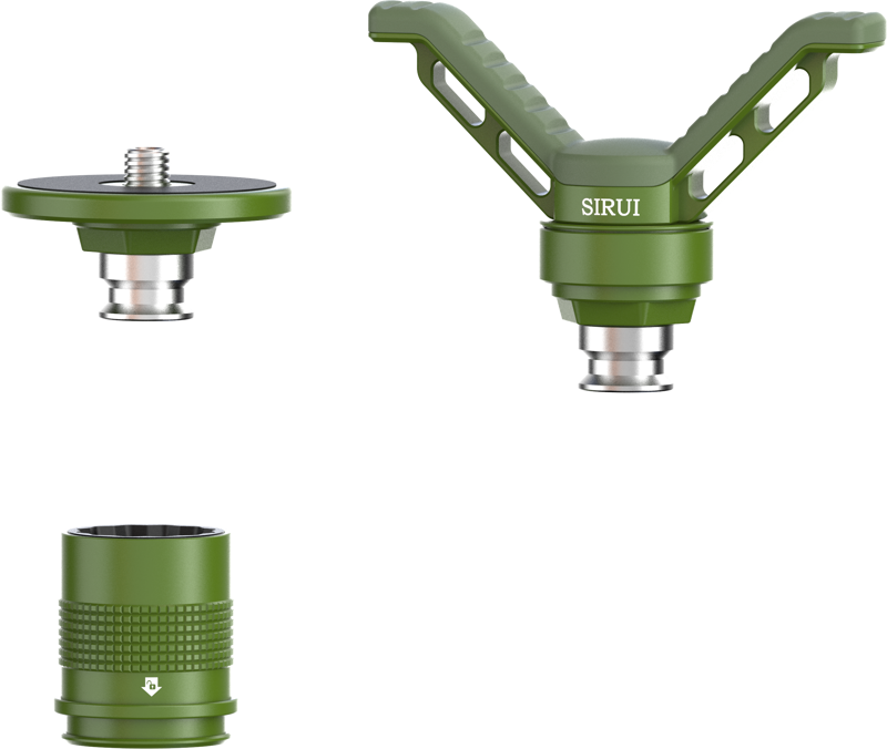Sirui Quick Release Clamp V-shaped gun/plate Green, together with the flat round mounting plate and textured cylindrical adapter, appear on a plain background.