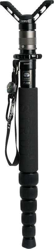 The Sirui Monopod (Alu) Kit with Quick Release and Gun Clamp, featuring a foam padded handle, wrist strap, built-in compass and camera mount, is pictured against a white background.