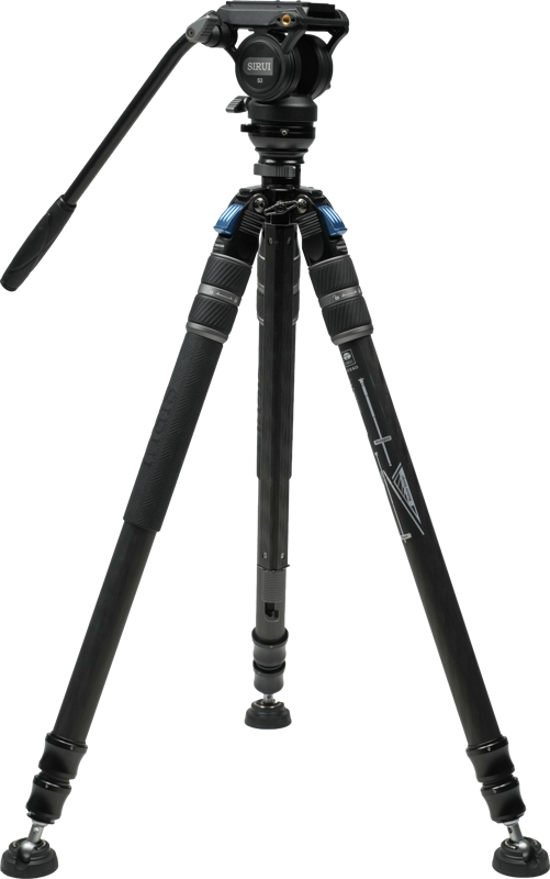 Sirui One Step Height Adjustment Carbon Video Tripod Kit SVS60 + S3, musta kolmijalka, jossa on säädettävät jalat, panoraamakahva ja kuulapääkiinnitys kameroille tai videolaitteille, näkyy valkoista taustaa vasten.