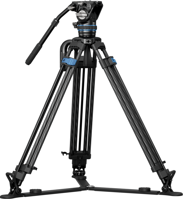 Sirui Pro Video Carbon Tripod Kit Rapid Twin-Leg SQ75+S5 -statiivisarjassa on musta ja sininen muotoilu, kolme säädettävää jalkaa, kahvalla varustettu panorointi- ja kallistuspää sekä keskitason levike vakauden parantamiseksi.