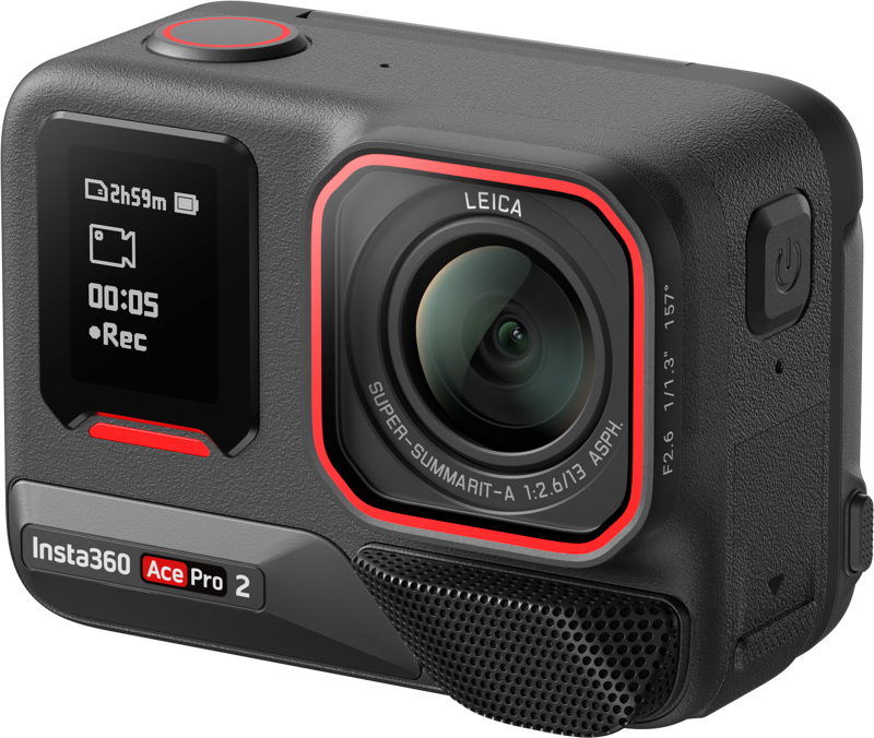 INSTA360 ACE PRO 2 STANDARD BUNDLE -kameran lähikuvassa näkyy sen suuri Leica-objektiivi, digitaalinen etunäyttö, jossa on tallennustiedot, ja näkyvä tuotemerkki tyylikkäässä mustassa kamerarungossa.