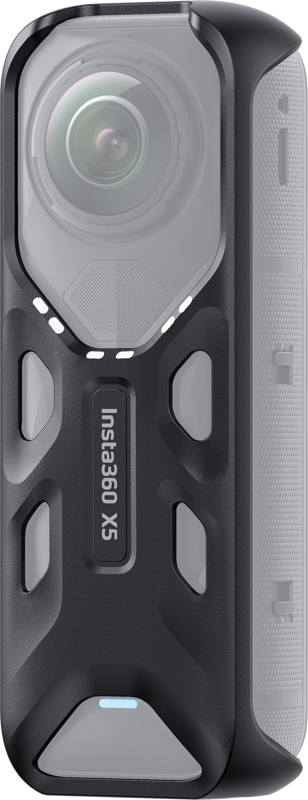 Insta360 X5 Thermo Grip Coverin lähikuvassa korostuvat sen kuvioitu kahva ja painikkeiden yksityiskohdat, jotka on suunniteltu tehostamaan mustan Insta360 X3 -toimintakameran kestäviä ominaisuuksia.