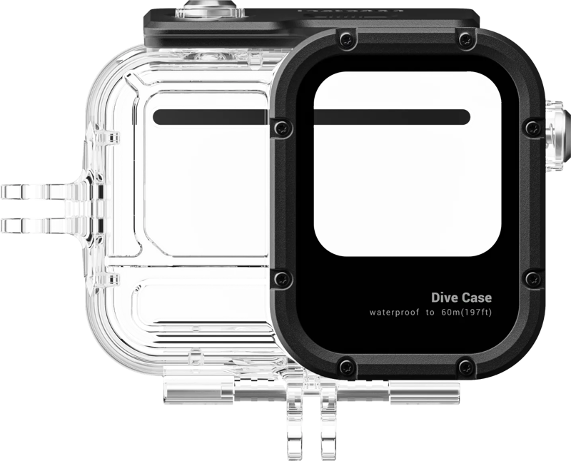 Insta360 Ace Pro 2 Dive Case on läpinäkyvä vedenpitävä kotelo, jossa on musta etupuoli ja jossa on merkintä "Dive Case waterproof to 60m (197ft)", joka on suunniteltu suojaamaan kameraa tai elektroniikkalaitetta veden alla.