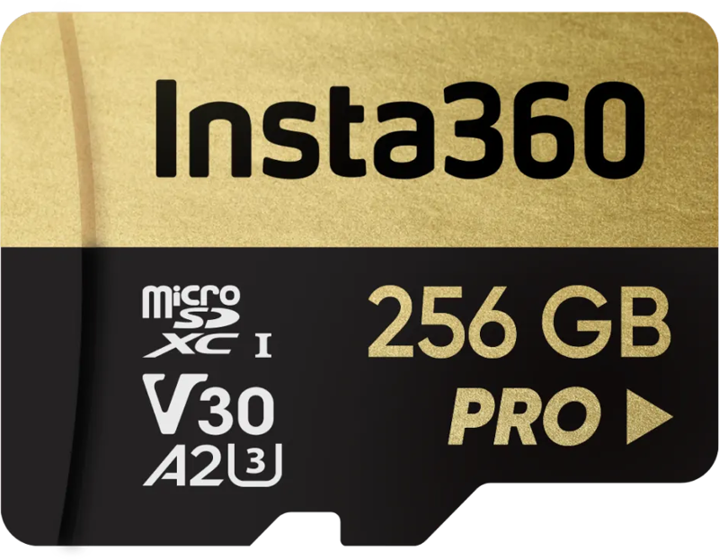 Kultainen ja musta Insta360 256 GB UHS-I V30 microSDXC -muistikortti, jossa on PRO-brändi ja symbolit V30, A2, U3 ja Class 1.