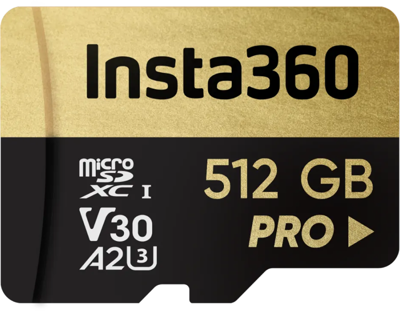 Lähikuva Insta360 512 GB UHS-I V30 microSDXC -muistikortista, jossa on kultainen ja musta muotoilu ja tekniset tiedot: 512 GB, XC I, V30, A2, U3 ja PRO.