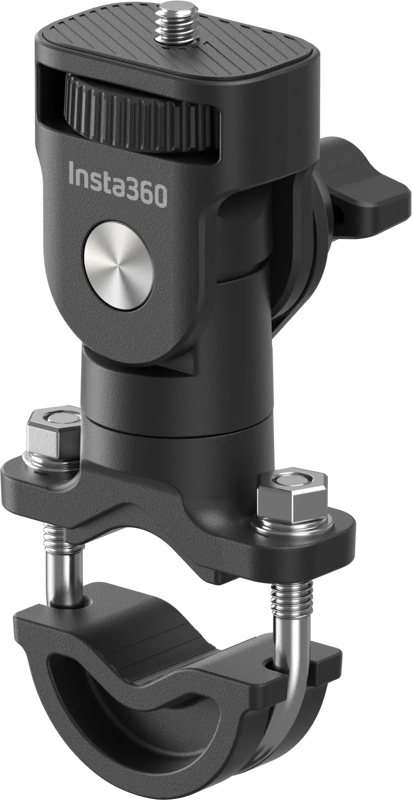 Insta360 Motorcycle U-Bolt Mount on musta kamerakiinnike, jossa on säädettävä kiinnike, ruuvikiinnikkeet ja kaareva pohja, joka on suunniteltu kiinnittämään turvallisesti pyöreisiin pintoihin, kuten ohjaustankoon tai pylväisiin.