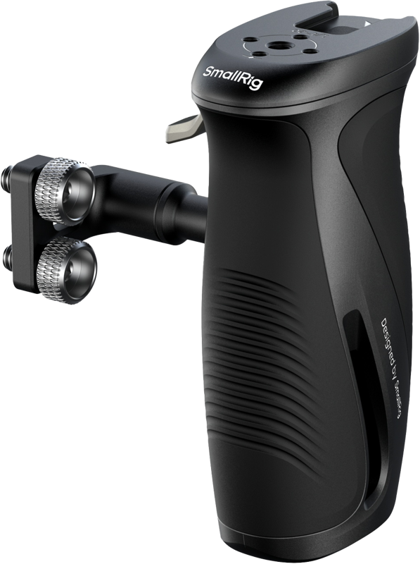 The SmallRig 5194 Rotating Side Handle with 1/4"-20 Screws is a black ergonomic camera handle with textured sides, silver-colored knobs and accessory mounts designed for arm-holding stabilization.
