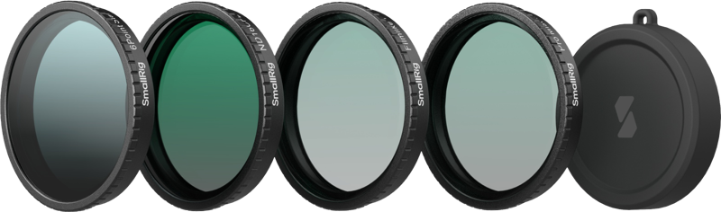 Four SmallRig 5412 filters for the DJI Osmo Action 5 Pro/4 stand upright in a row next to a black circular lens cover with a logo, all against a light background.