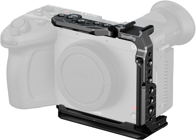 The SmallRig 5591 Half Cage for Sony FX2 is a black metal cage that mounts to the Sony camera body, providing enhanced protection and multiple mounting points for accessories.
