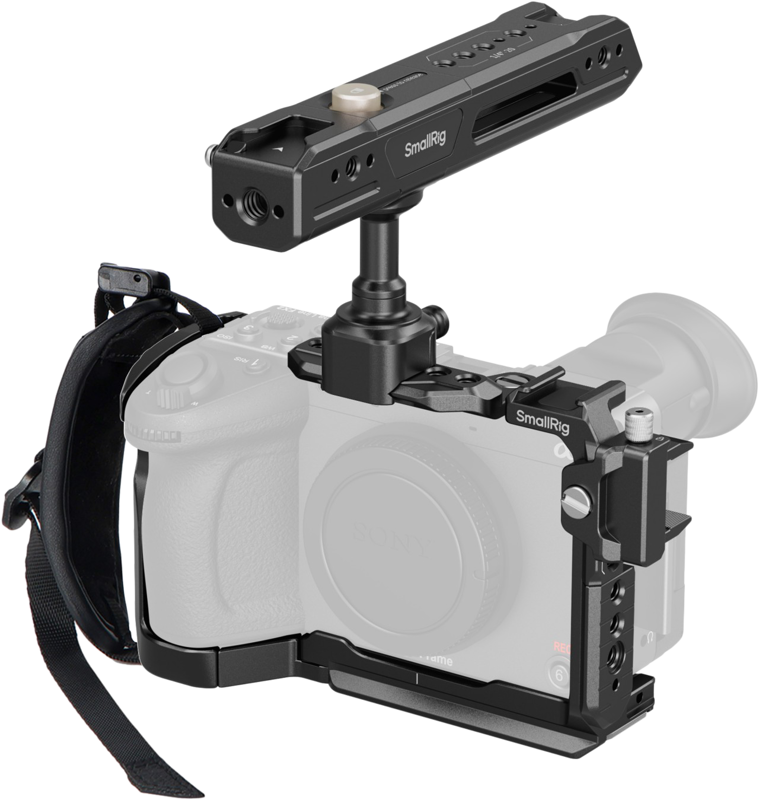 The SmallRig 5589 Cage Kit for Sony FX2 is shown mounted on a Sony camera with a top handle and several accessory mounting points, while the camera is grey to highlight the rig's features.