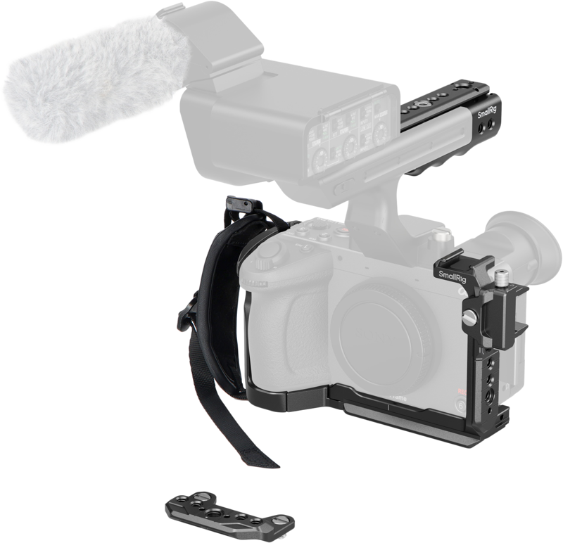The Sony FX2 is presented in the SmallRig 5588 Cage Kit, which includes a microphone, top handle, hand strap and an extra mounting plate on the front.